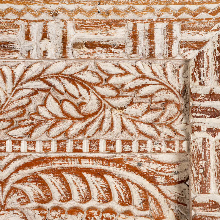 hand carved mirror, mango wood mirror, distressed white mirror, whitewash mirror, large mirror, oversized mirror, full length mirror, wall mirror, entryway mirror, dressing mirror, decorative mirror, indian furniture, handmade mirror, artisan made mirror, premium wood mirror, quality mirror, durable mirror, sturdy mirror, timeless mirror, elegant mirror, statement mirror, ornate mirror, unique mirror, sculptural mirror, focal piece mirror, handcrafted in india, sustainable wood furniture, leaf scroll carvin