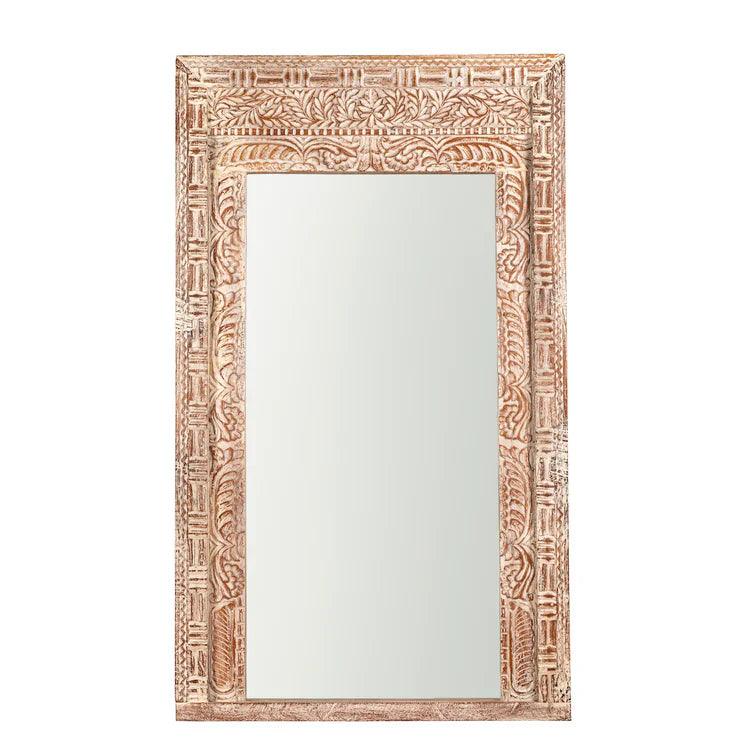 hand carved mirror, mango wood mirror, distressed white mirror, whitewash mirror, large mirror, oversized mirror, full length mirror, wall mirror, entryway mirror, dressing mirror, decorative mirror, indian furniture, handmade mirror, artisan made mirror, premium wood mirror, quality mirror, durable mirror, sturdy mirror, timeless mirror, elegant mirror, statement mirror, ornate mirror, unique mirror, sculptural mirror, focal piece mirror, handcrafted in india, sustainable wood furniture, leaf scroll carvin