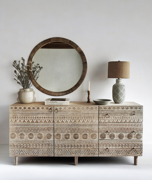 Whitewashed Rustic Console Table with Hand-Carved 3 Doors