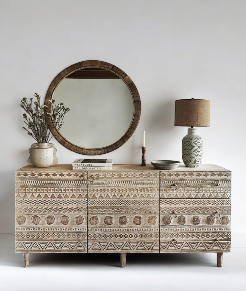 wooden sideboard with rustic charm and functionality.

