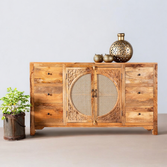 Six Drawer Two Door Rattan Solid Wood Sideboard