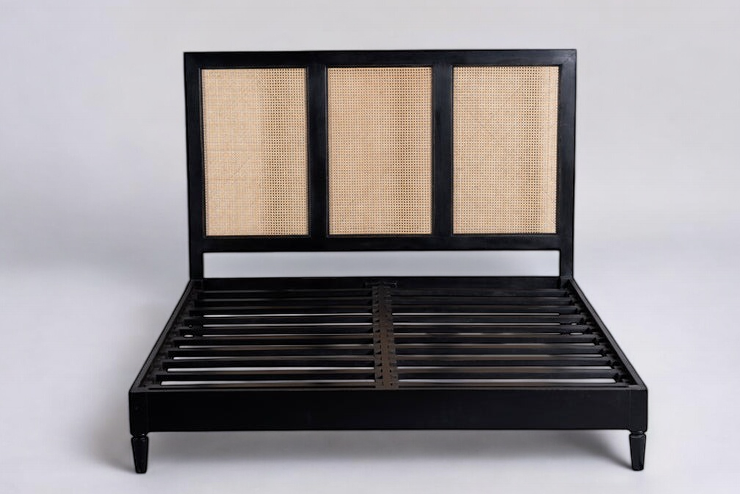 Noir Cane Bed | Handcrafted Black Mango Wood Bed with Three Cane Panels | King Size | Living Furn India