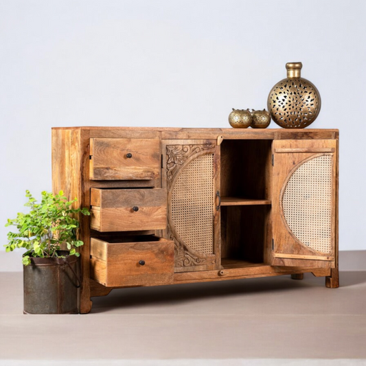 Six Drawer Two Door Rattan Solid Wood Sideboard