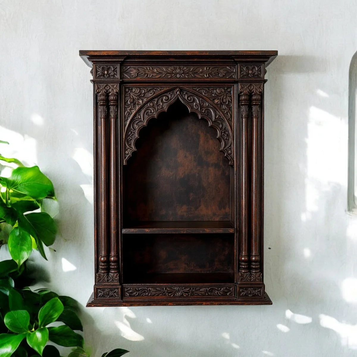 Hand-Carved Archway Display Shelf - Antique Dark Wood, Double Tier Wall Mount, Indian Design
