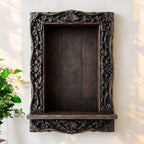 Jodhpur Ornate Carved Wood Wall Niche Shelf - Dark Antique Finish, Rajasthani Art Decor