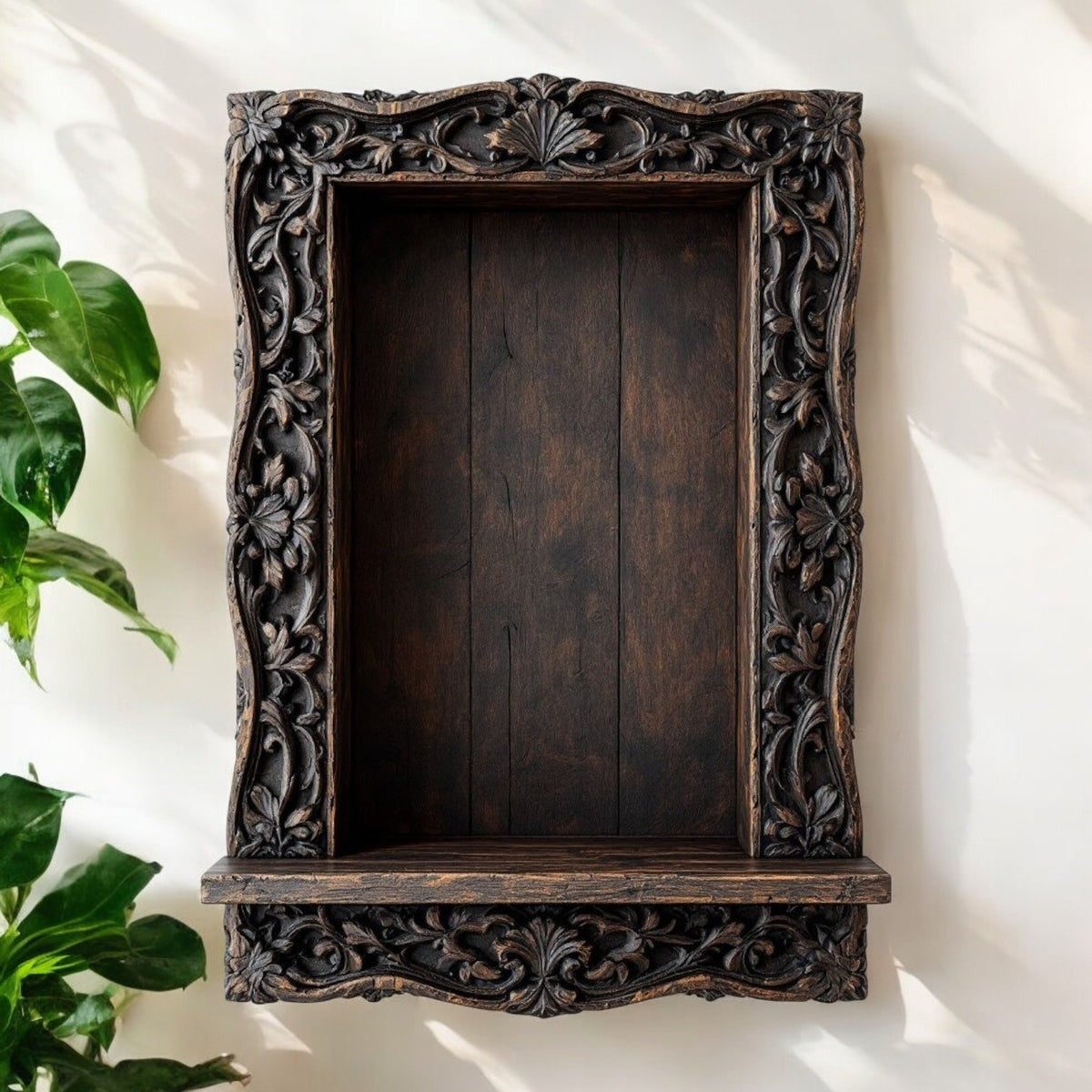 Jodhpur Ornate Carved Wood Wall Niche Shelf - Dark Antique Finish, Rajasthani Art Decor