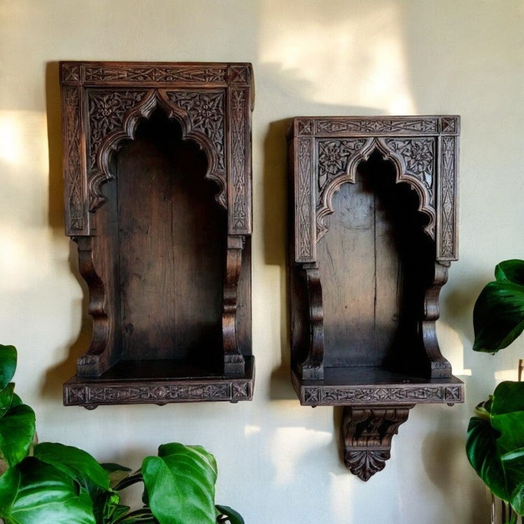 Hand-Carved Jharokha Wall Niches - Dark Wood Finish Antique Style Set of 2