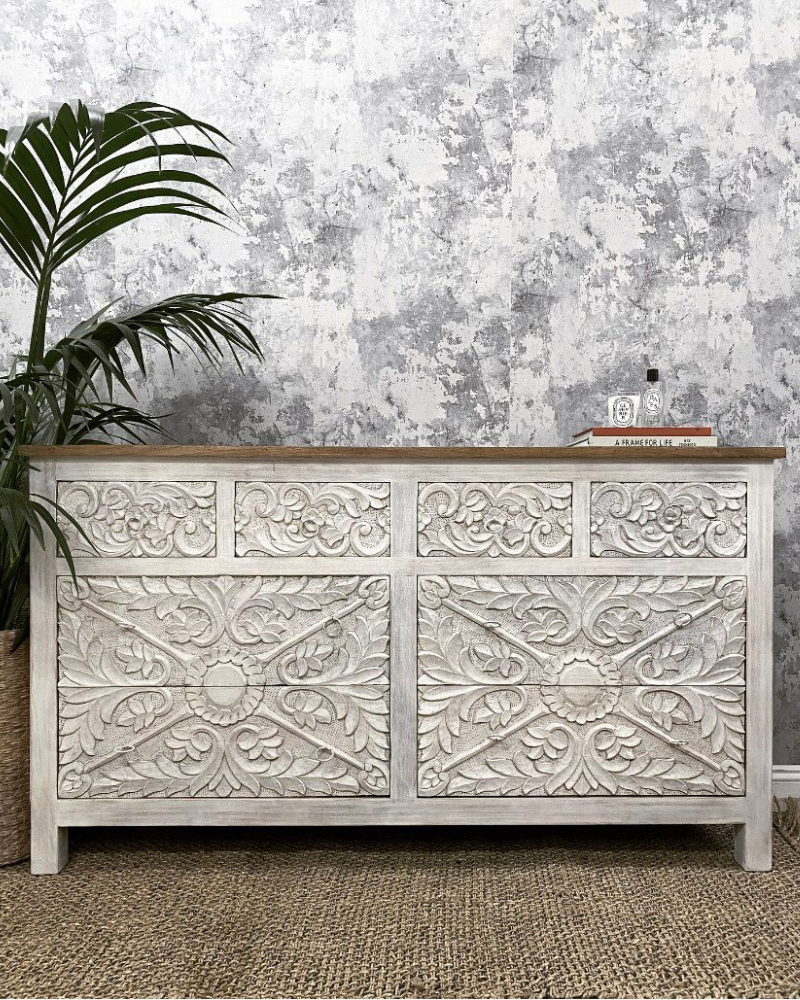 Hand-Carved Mango Wood 8-Drawer Chest of Drawers – Whitewashed Finish with Natural Polished Counter Top