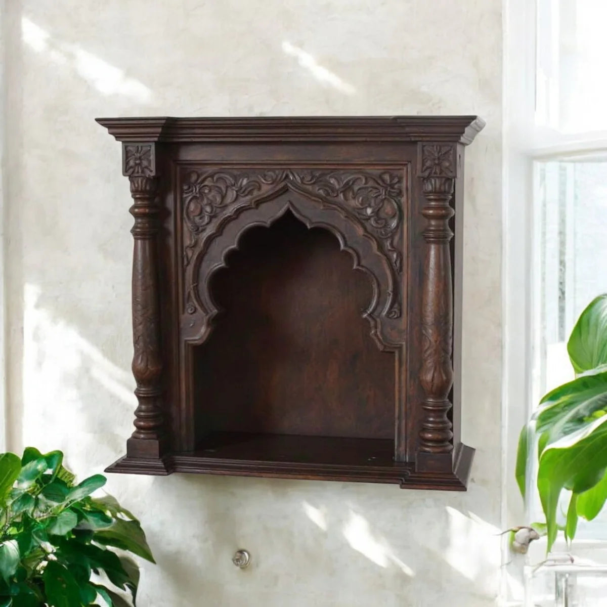 Antique Ornate Hand-Carved Wall Mounted Wood Shelf - Dark Wood Archway Niche