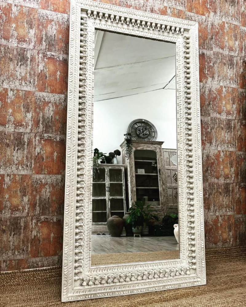 Tall Hand-Carved Mango Wood Wall Mirror – Whitewashed Finish