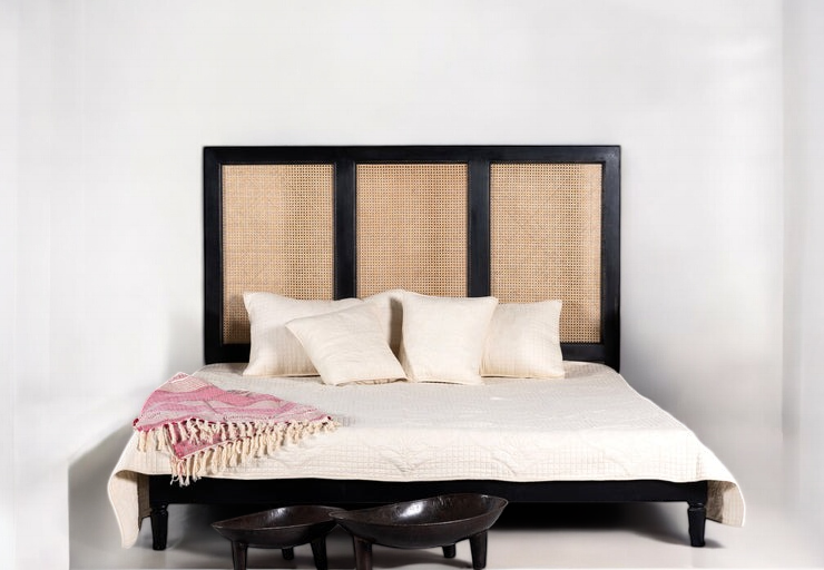 Rattan Headboard Queen: "Queen-sized bed with a beautiful rattan headboard for a warm and natural look."
