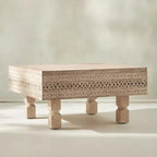 hand carved coffee table, mango wood coffee table, white coffee table, distressed white table, square coffee table, carved wood table, lattice coffee table, coastal table, shabby chic table, bohemian table, indian furniture, living room table, statement coffee table, handmade coffee table, artisan made table, premium wood table, quality furniture, durable table, sturdy table, timeless table, elegant table, ornate table, unique table, sculptural table, focal piece table, handcrafted in india, sustainable man
