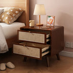 Walnut & Rattan 2-Drawer Nightstand | Mid-Century Modern Bedside Table | Cane Front Storage | Living Furn India
