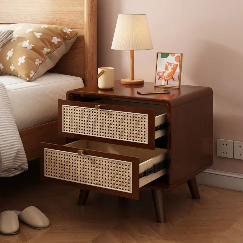 Walnut & Rattan 2-Drawer Nightstand | Mid-Century Modern Bedside Table | Cane Front Storage | Living Furn India