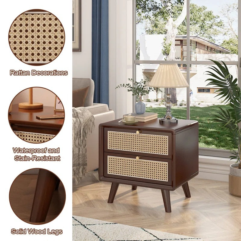 Walnut & Rattan 2-Drawer Nightstand | Mid-Century Modern Bedside Table | Cane Front Storage | Living Furn India