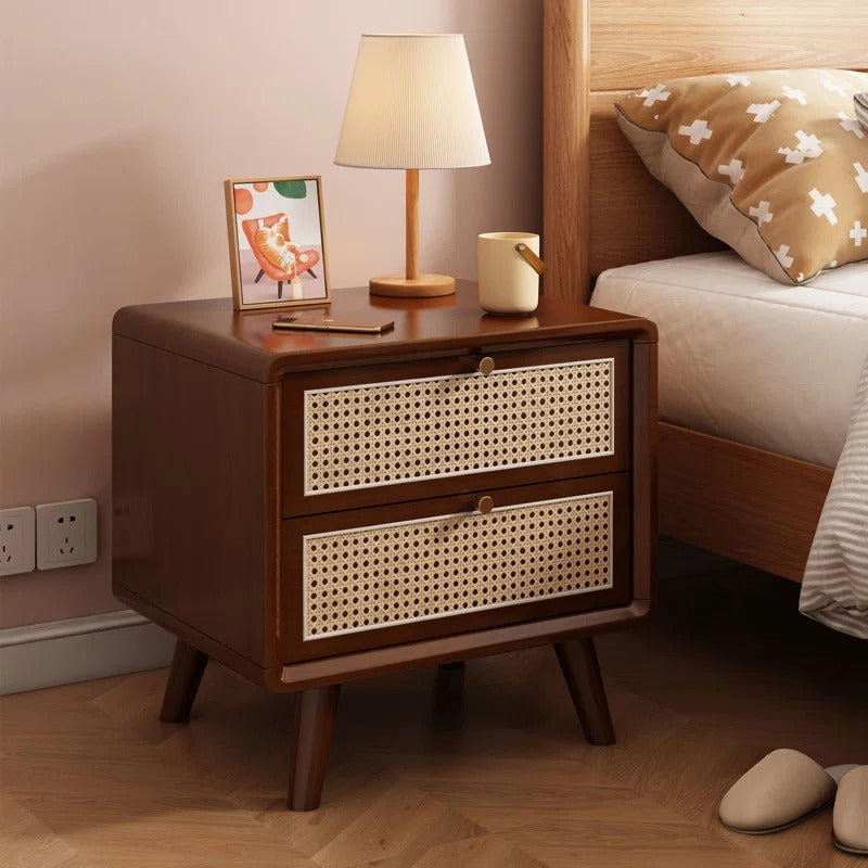 Walnut & Rattan 2-Drawer Nightstand | Mid-Century Modern Bedside Table | Cane Front Storage | Living Furn India