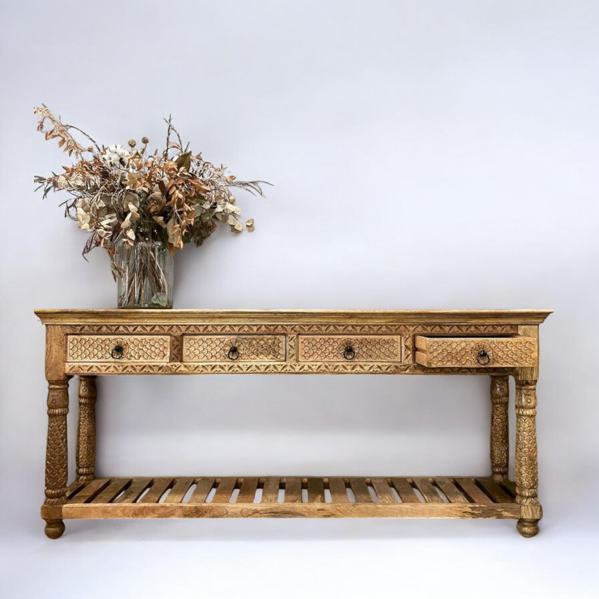 Handcrafted 4Drawer Solid Wood Console Table with Carved Detailing