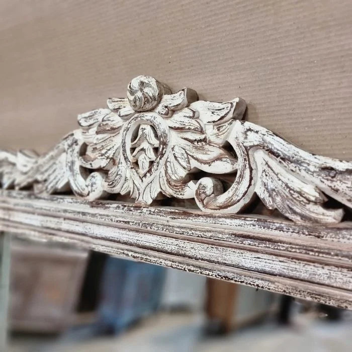 mango wood mirror, carved mirror, white mirror, rustic mirror, distressed mirror, oversized mirror, full length mirror, wall mirror, statement mirror, farmhouse mirror, entryway mirror, bedroom mirror, carved frame mirror, ornate mirror, vintage mirror, handmade mirror, artisan mirror, premium mirror, quality mirror, durable mirror, elegant mirror, unique mirror, decorative mirror, focal piece mirror, handcrafted in india, sustainable mango wood, rustic white finish, distressed white, heavily distressed, ch