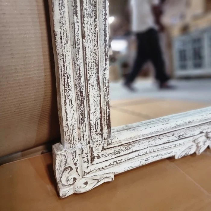 mango wood mirror, carved mirror, white mirror, rustic mirror, distressed mirror, oversized mirror, full length mirror, wall mirror, statement mirror, farmhouse mirror, entryway mirror, bedroom mirror, carved frame mirror, ornate mirror, vintage mirror, handmade mirror, artisan mirror, premium mirror, quality mirror, durable mirror, elegant mirror, unique mirror, decorative mirror, focal piece mirror, handcrafted in india, sustainable mango wood, rustic white finish, distressed white, heavily distressed, ch
