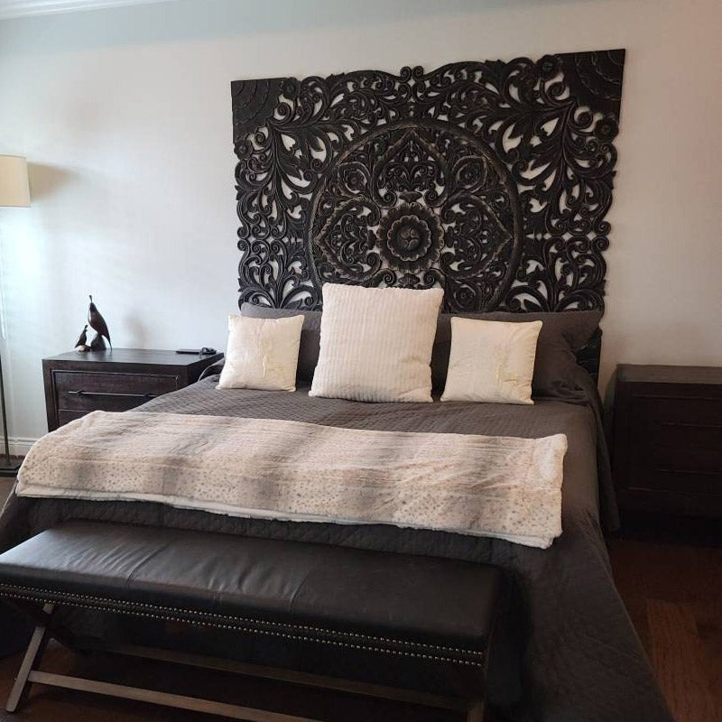 "203x168 cm large mango wood wall art with intricate floral carving"

