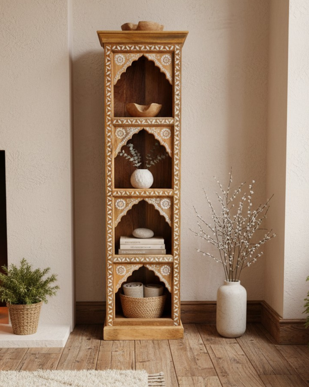 Hand-Carved Mango Wood Bookcase – Arched Shelves in Natural Polished Finish