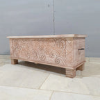 hand carved blanket box, antique wooden trunk, tribal carved box, natural finish trunk, brass inlay box, blanket trunk, linen chest, indian furniture, bedroom blanket box, living room trunk, entryway chest, storage bench, coffee table trunk, handmade blanket box, artisan made trunk, reclaimed wood chest, antique wood furniture, quality wood furniture, durable trunk, sturdy blanket box, timeless chest, elegant trunk, statement blanket box, heirloom chest, tribal style trunk, rustic blanket box, global style 