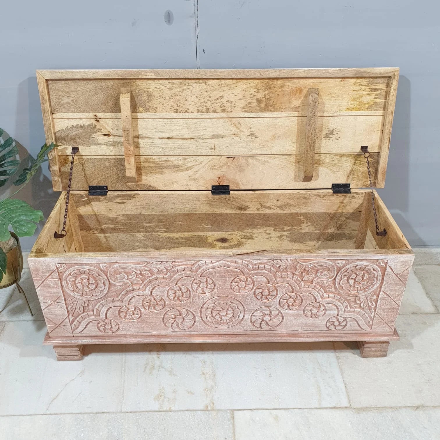 hand carved blanket box, antique wooden trunk, tribal carved box, natural finish trunk, brass inlay box, blanket trunk, linen chest, indian furniture, bedroom blanket box, living room trunk, entryway chest, storage bench, coffee table trunk, handmade blanket box, artisan made trunk, reclaimed wood chest, antique wood furniture, quality wood furniture, durable trunk, sturdy blanket box, timeless chest, elegant trunk, statement blanket box, heirloom chest, tribal style trunk, rustic blanket box, global style 