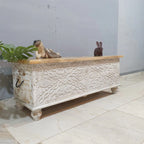 hand carved blanket box, antique wooden trunk, whitewashed blanket box, storage chest, tribal carved box, blanket trunk, linen chest, indian furniture, bedroom blanket box, living room trunk, entryway chest, storage bench, coffee table trunk, handmade blanket box, artisan made trunk, reclaimed wood chest, antique wood furniture, quality wood furniture, durable trunk, sturdy blanket box, timeless chest, elegant trunk, statement blanket box, heirloom chest, coastal trunk, shabby chic blanket box, farmhouse ch