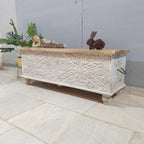 hand carved blanket box, antique wooden trunk, whitewashed blanket box, storage chest, tribal carved box, blanket trunk, linen chest, indian furniture, bedroom blanket box, living room trunk, entryway chest, storage bench, coffee table trunk, handmade blanket box, artisan made trunk, reclaimed wood chest, antique wood furniture, quality wood furniture, durable trunk, sturdy blanket box, timeless chest, elegant trunk, statement blanket box, heirloom chest, coastal trunk, shabby chic blanket box, farmhouse ch