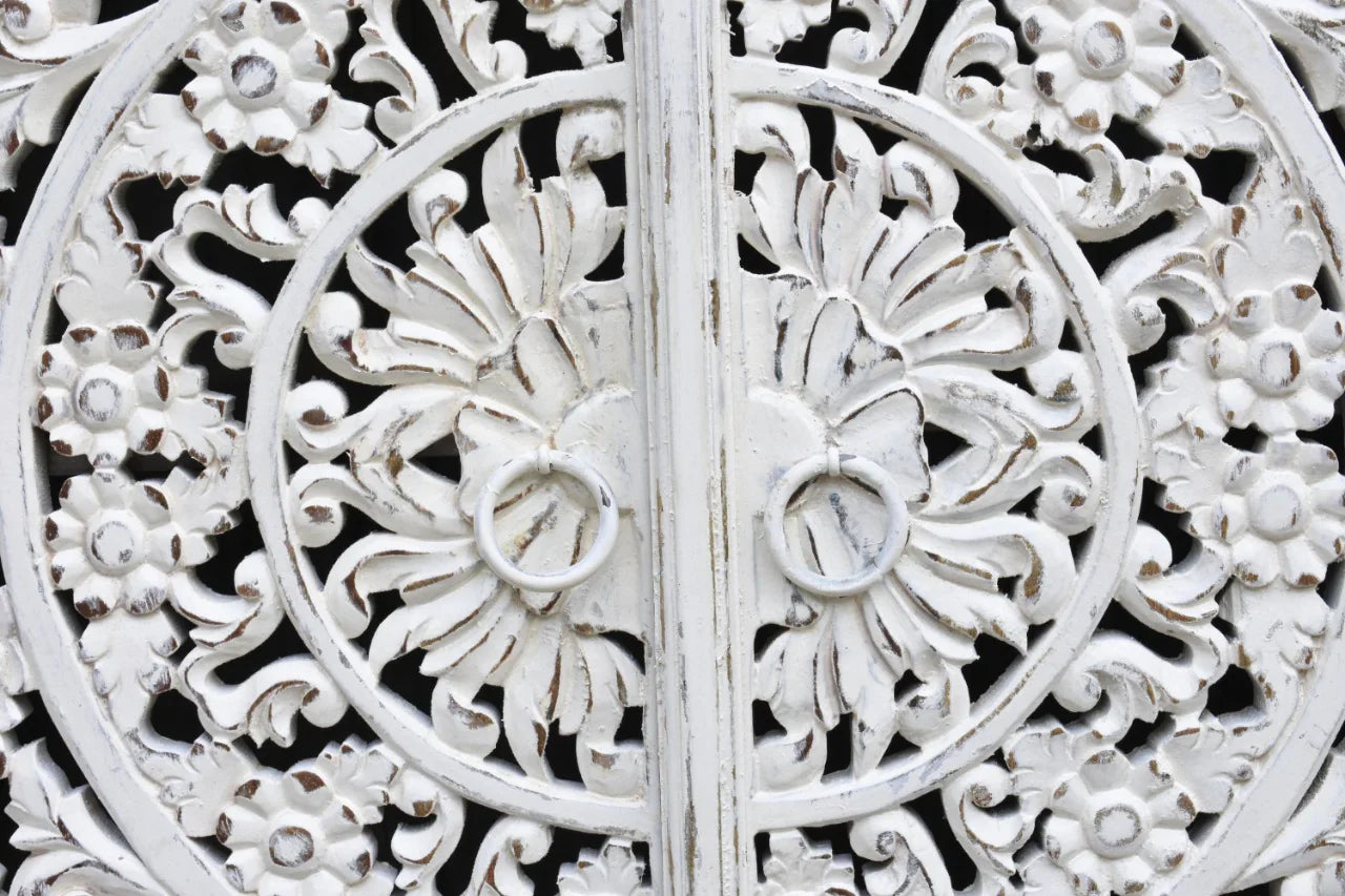 hand carved cabinet, mango wood cabinet, 2 door cabinet, two tone cabinet, white and natural cabinet, floral carved cabinet, openwork cabinet, indian carved furniture, storage cabinet, dining room cabinet, living room cabinet, bedroom cabinet, entryway cabinet, accent cabinet, statement cabinet, compact cabinet, handmade cabinet, artisan made cabinet, premium wood cabinet, quality wood furniture, durable cabinet, sturdy cabinet, timeless cabinet, elegant cabinet, heirloom cabinet, coastal cabinet, eclectic 