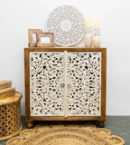 hand carved cabinet, mango wood cabinet, 2 door cabinet, two tone cabinet, white and natural cabinet, floral carved cabinet, openwork cabinet, indian carved furniture, storage cabinet, dining room cabinet, living room cabinet, bedroom cabinet, entryway cabinet, accent cabinet, statement cabinet, compact cabinet, handmade cabinet, artisan made cabinet, premium wood cabinet, quality wood furniture, durable cabinet, sturdy cabinet, timeless cabinet, elegant cabinet, heirloom cabinet, coastal cabinet, eclectic 