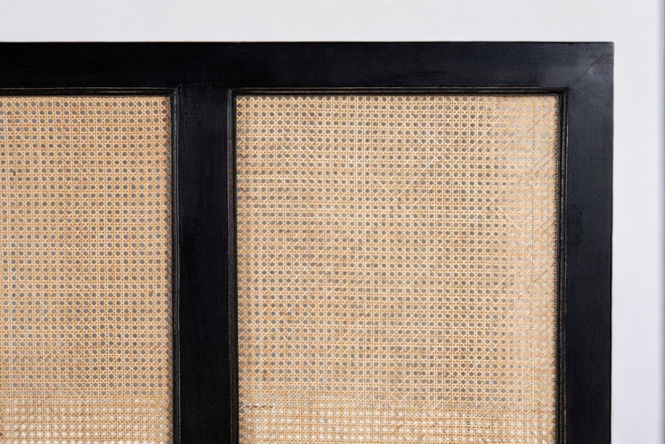 Rattan Headboard Queen: "Queen-sized bed with a beautiful rattan headboard for a warm and natural look."
