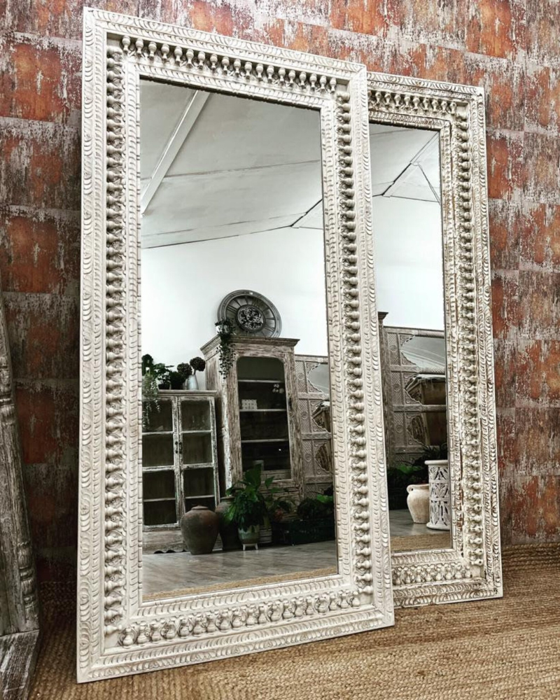 Tall Hand-Carved Mango Wood Wall Mirror – Whitewashed Finish