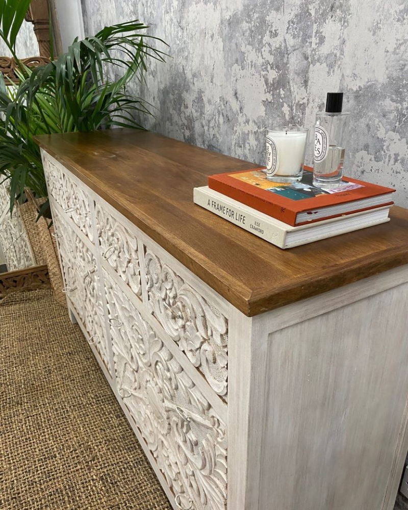 Hand-Carved Mango Wood 8-Drawer Chest of Drawers – Whitewashed Finish with Natural Polished Counter Top