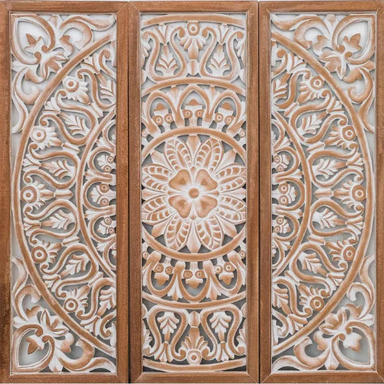 hand carved wall panel, mango wood wall art, triptych wall panel, natural wood panel, whitewashed panel, three panel wall art, square wall panel, jali carved panel, openwork wall hanging, lotus medallion panel, acanthus wall art, heritage wall art, indian furniture, living room wall art, bedroom wall decor, home office wall panel, decorative wall panel, handmade wall art, artisan made panel, premium wood art, quality wood decor, durable wall panel, solid wood panel, timeless wall art, elegant panel, stateme