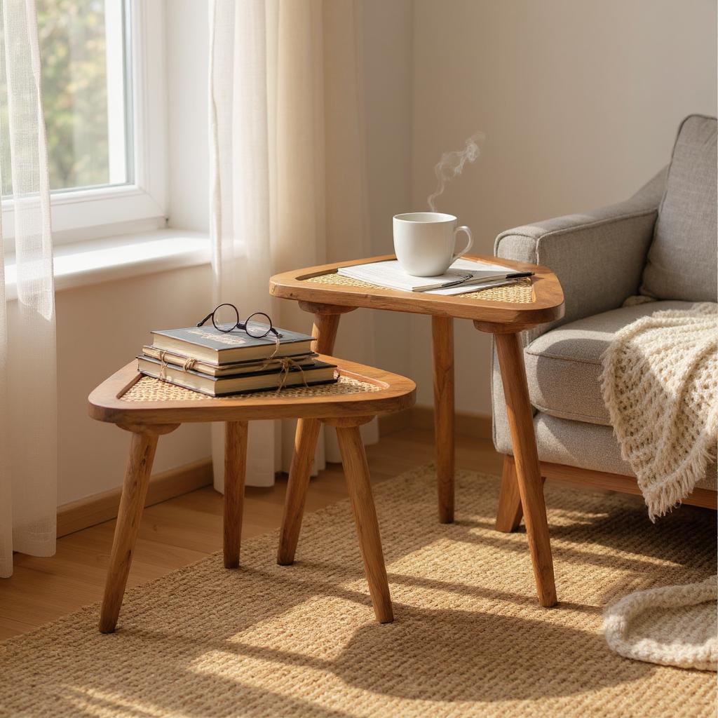 NaturaleCané Modern Solid Mango Wood & Cane Side Table – Natural Finish, Custom Heights by Living Furn India