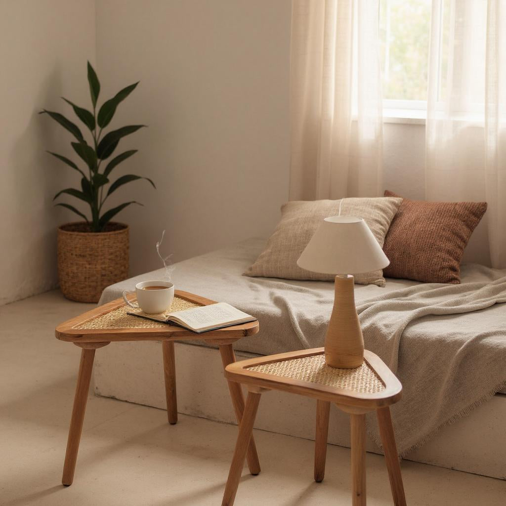 NaturaleCané Modern Solid Mango Wood & Cane Side Table – Natural Finish, Custom Heights by Living Furn India