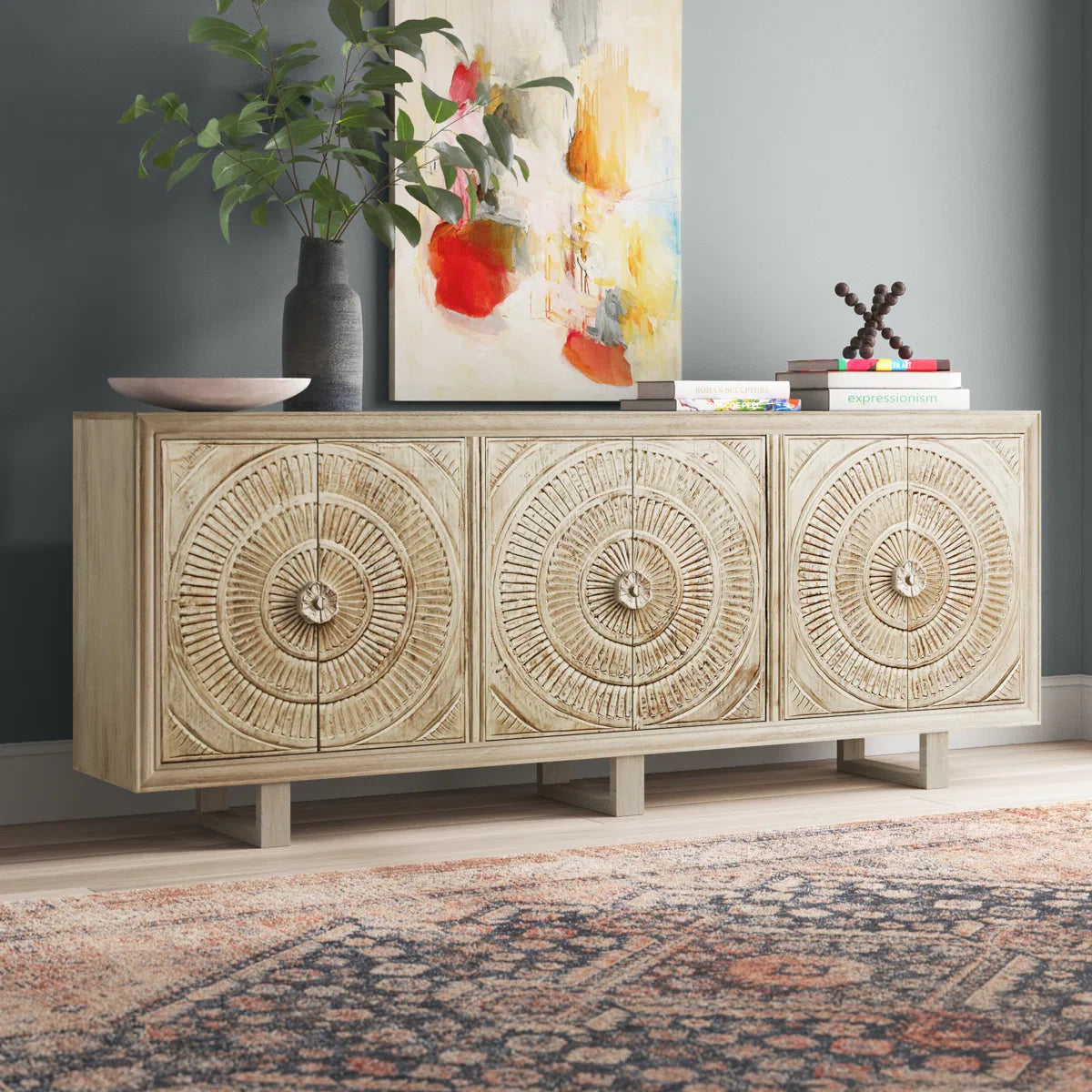 Statement Sideboard Solid Mango Wood Sideboard — Hand‑Carved Circular Spiral Medallion Doo ...
