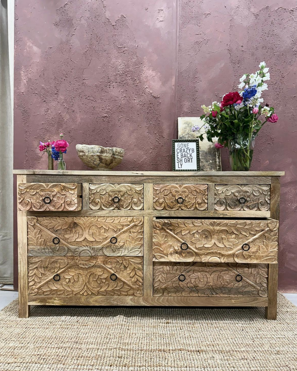 Hand-Carved Mango Wood 8-Drawer Chest of Drawers – Natural Polished Finish