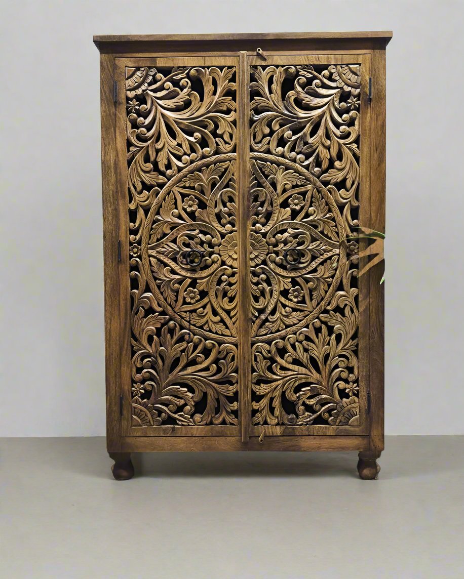 Hand-Carved Mango Wood Wardrobe – Natural Polished Finish with Floral Detailing