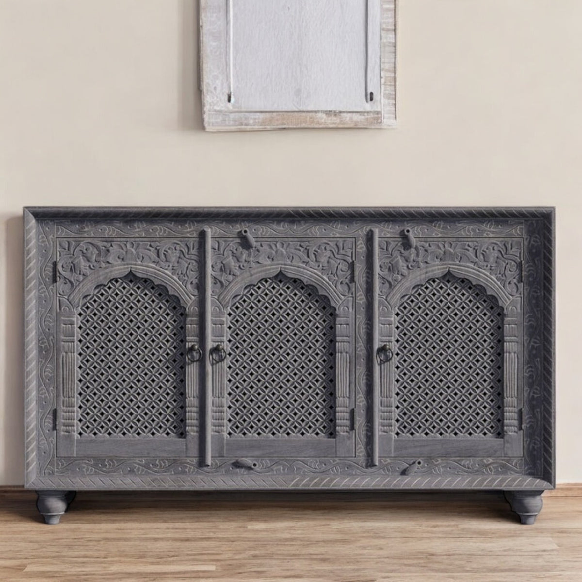 Intricately Carved Three Cabinet Door Grey Cabinet