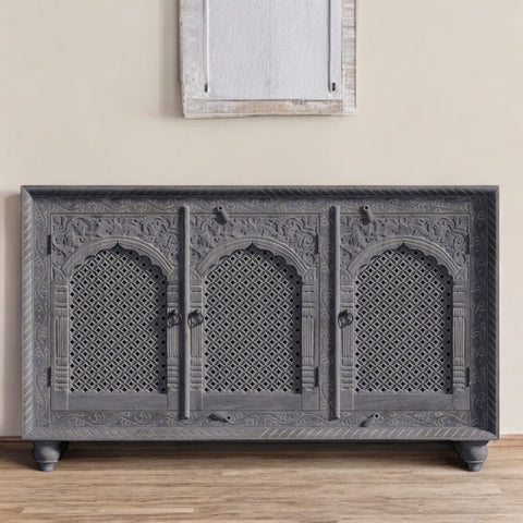 Intricately Carved Three Cabinet Door Grey Cabinet