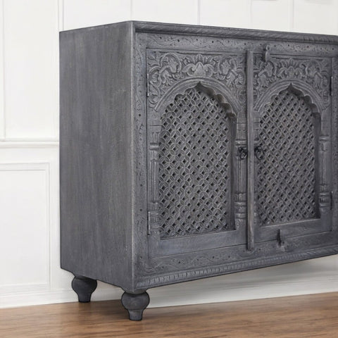 Intricately Carved Three Cabinet Door Grey Cabinet