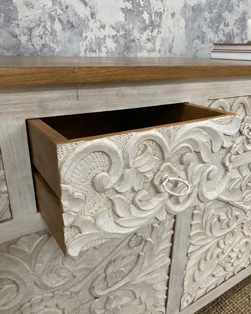 Hand-Carved Mango Wood 8-Drawer Chest of Drawers – Whitewashed Finish with Natural Polished Counter Top
