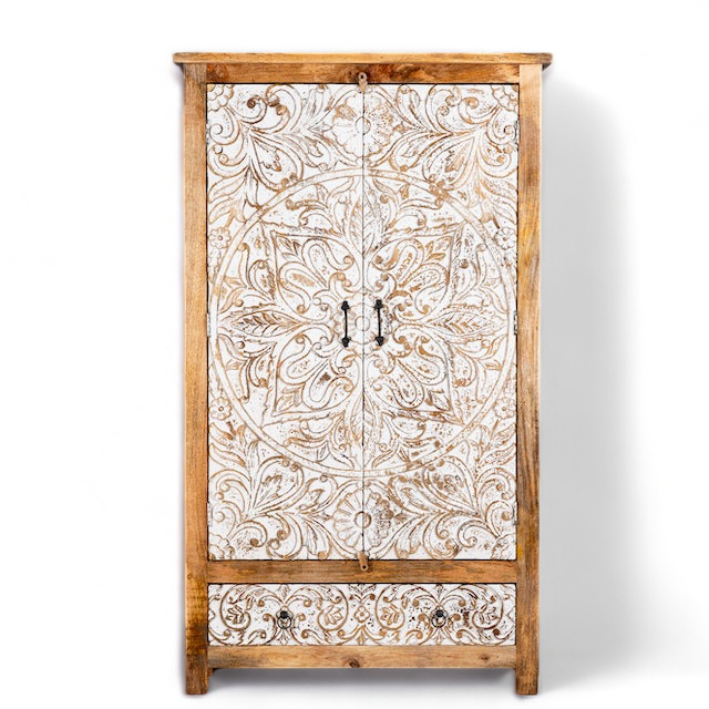 "Beautiful clothing armoire with adjustable wardrobe shelves for neat organization."
