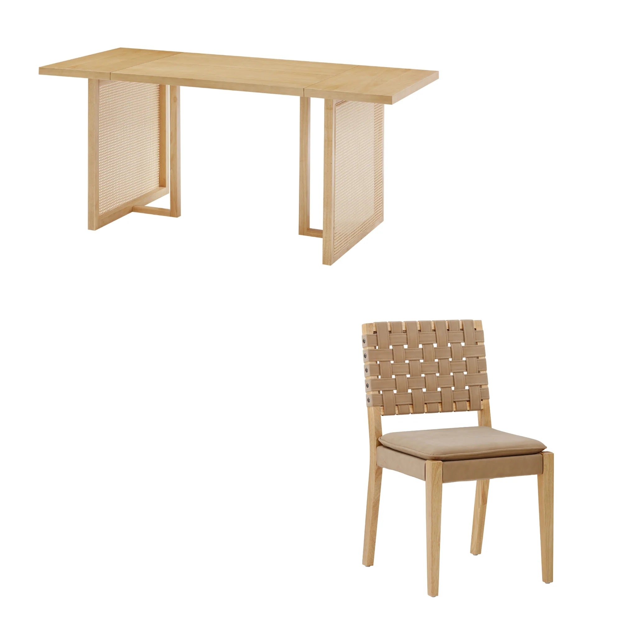 SableRattan Luxe Solid Wood Dining Set with Leather Chairs – Natural Finish, 4/6/8 Seater by Living Furn India