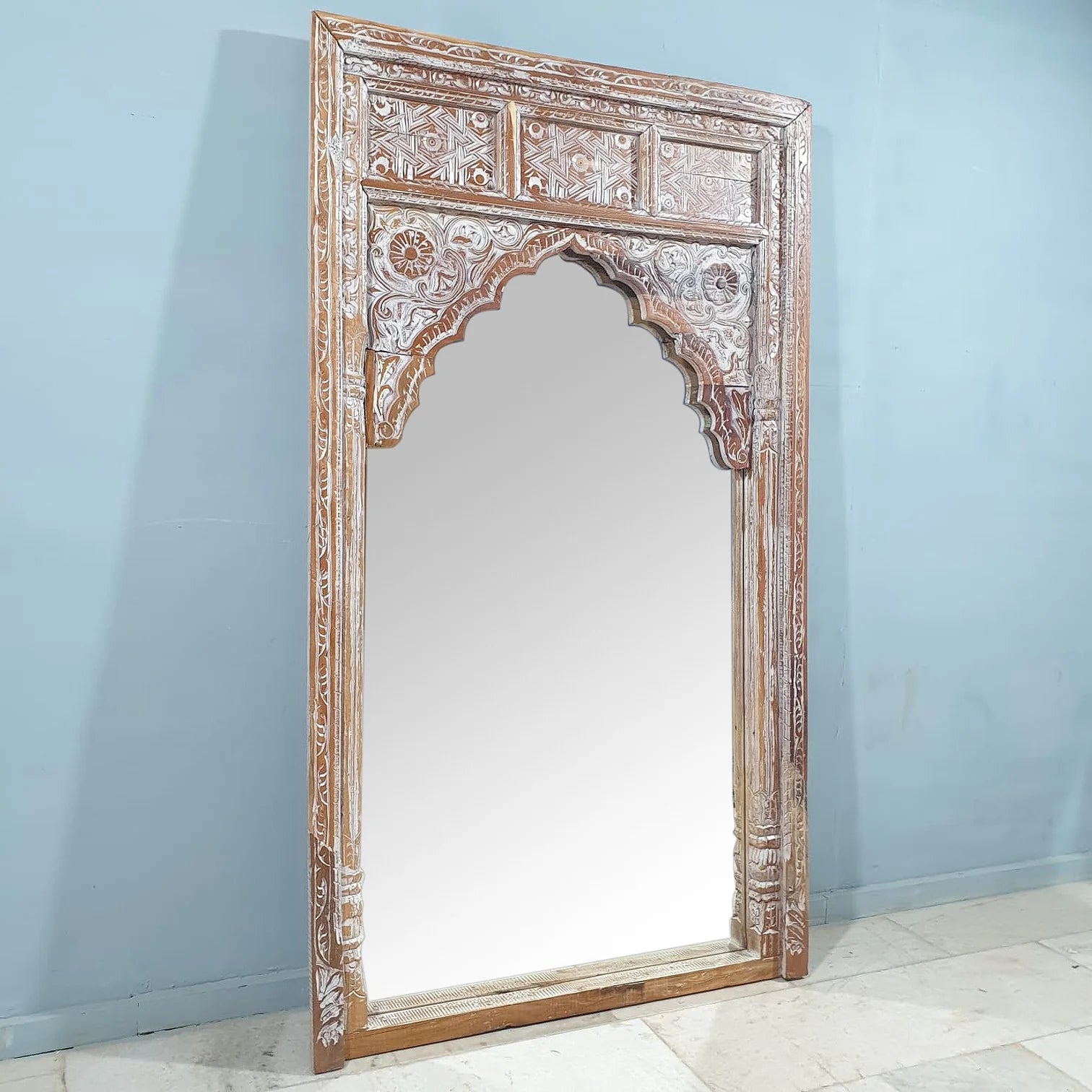 hand carved mirror, mango wood mirror, rustic white mirror, distressed white mirror, large mirror, oversized mirror, full length mirror, wall mirror, mehrab arch mirror, arched mirror, jali lattice mirror, entryway mirror, dressing mirror, decorative mirror, indian furniture, handmade mirror, artisan made mirror, premium wood mirror, quality mirror, durable mirror, sturdy mirror, timeless mirror, elegant mirror, statement mirror, ornate mirror, unique mirror, sculptural mirror, focal piece mirror, handcraft