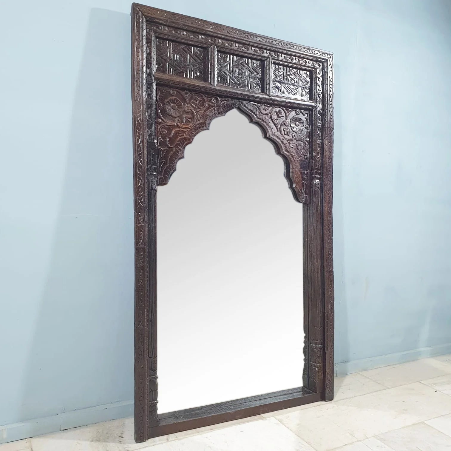 hand carved mirror, mango wood mirror, rustic white mirror, distressed white mirror, large mirror, oversized mirror, full length mirror, wall mirror, mehrab arch mirror, arched mirror, jali lattice mirror, entryway mirror, dressing mirror, decorative mirror, indian furniture, handmade mirror, artisan made mirror, premium wood mirror, quality mirror, durable mirror, sturdy mirror, timeless mirror, elegant mirror, statement mirror, ornate mirror, unique mirror, sculptural mirror, focal piece mirror, handcraft