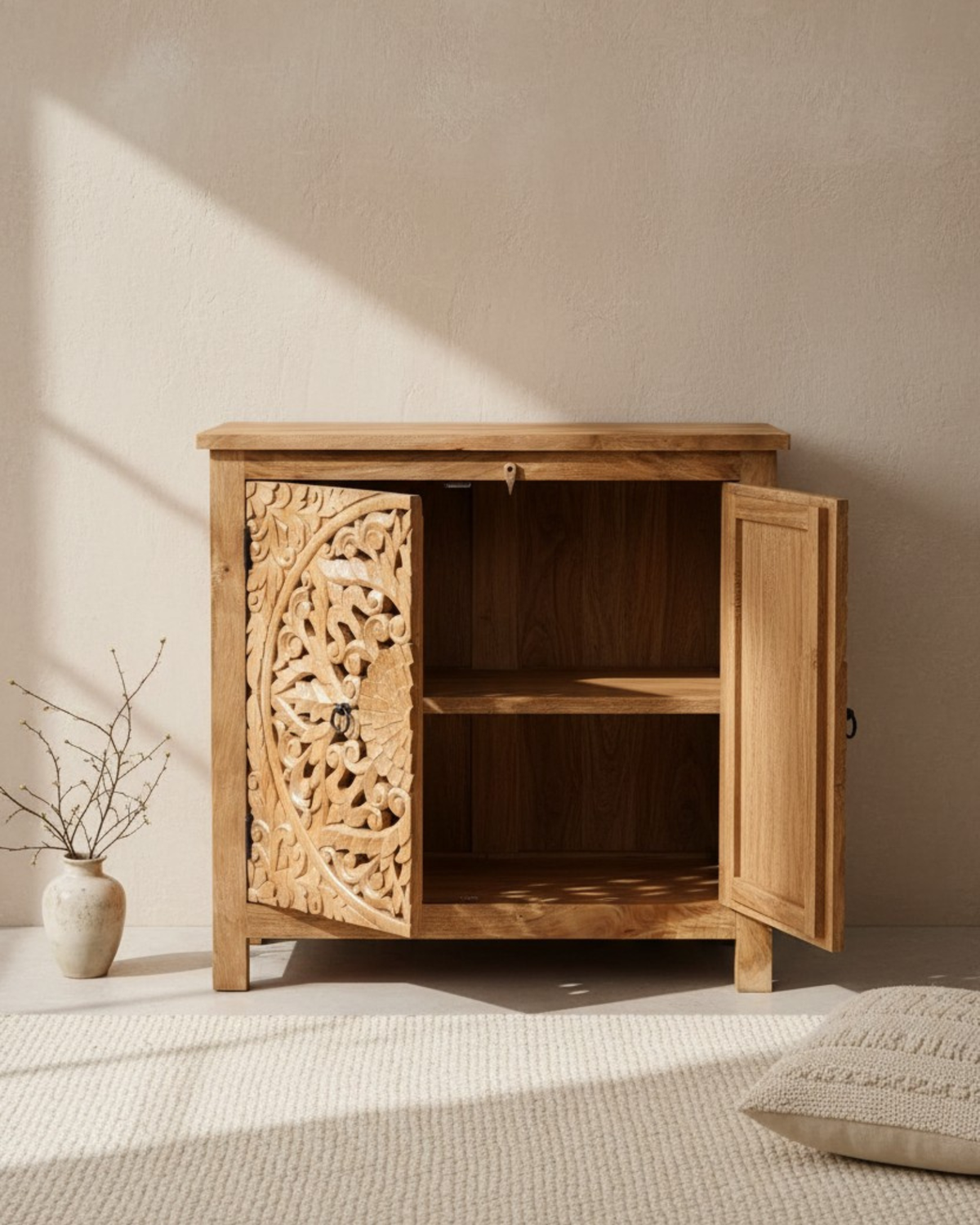 Hand-Carved Mango Wood Sideboard – Natural Finish with Floral Mandala Detailing