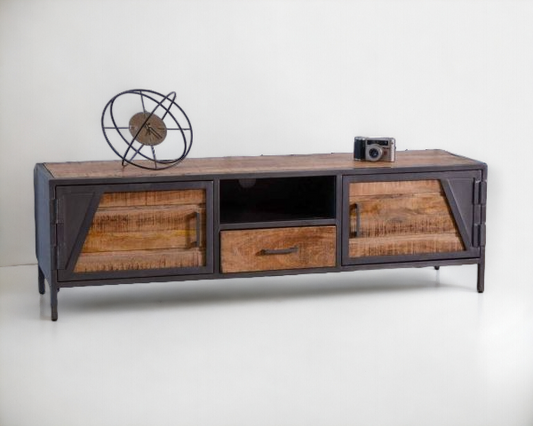 Elegant black tv stand with ample storage for media devices and decor.